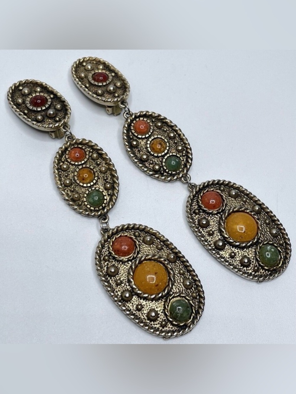 Vintage "B" Signed Gold Tone Triple Oval Statement Earrings Statement Bold Boho